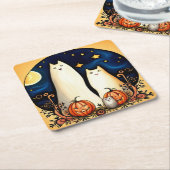 白幽霊猫とジャック・オ・ランタン スクエアペーパーコースター (アングル)