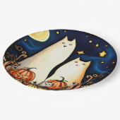 白幽霊猫とジャック・オ・ランタン ペーパープレート (アングル)