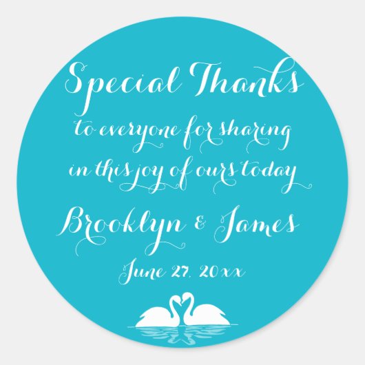 白感謝してい色の白い結婚式用シールと白鳥 ラウンドシール (正面)