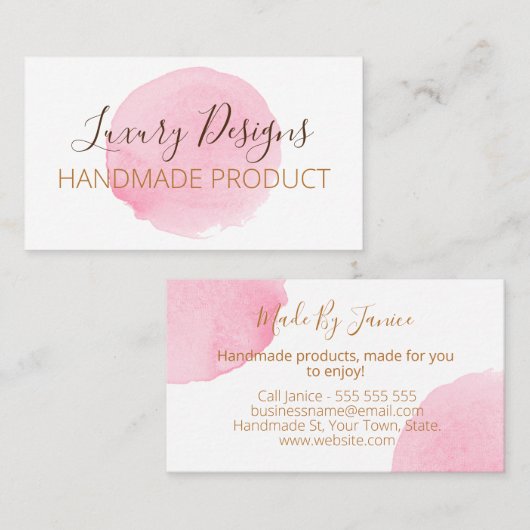 白手作りのピンクの水彩 名刺 (正面/裏面)