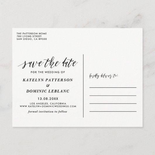 白手文字のスクリプト写真の日付の保存 案内ポストカード (裏面)