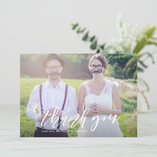 白手文字のスクリプト写真結婚の感謝 サンキューカード (スタンド正面)