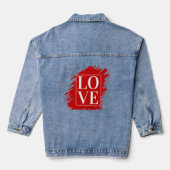 白抜きのタイポグラフィーが映えるLOVEの赤いアート デニムジャケット (裏面)