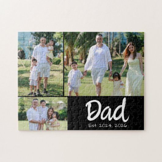 白抜きスクリプトフォントの「Dad Established」3枚写真入り ジグソーパズル (横)
