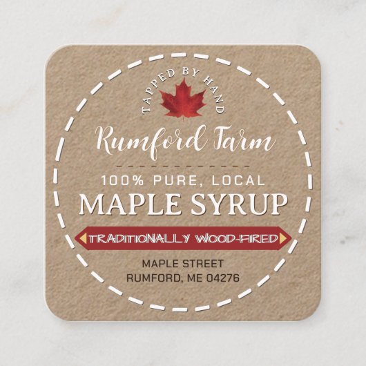 白文字の"クラフト"メープルシロップ縁ど破線 スクエア名刺 (正面)