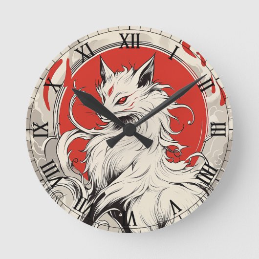 白日本の狐 ラウンド壁時計 (正面)