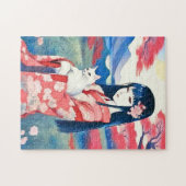 白日本の猫の少女 ジグソーパズル (横)