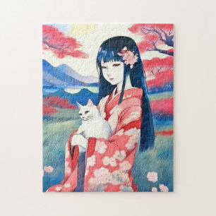 白日本の猫の少女 ジグソーパズル