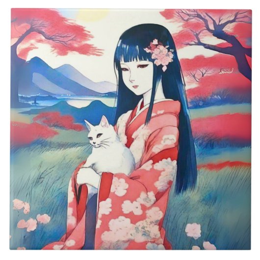 白日本の猫の少女 タイル (正面)