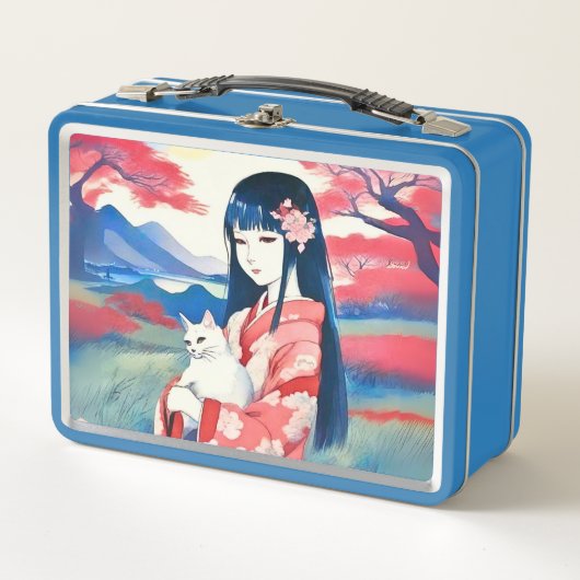 白日本の猫の少女 メタルランチボックス (正面)