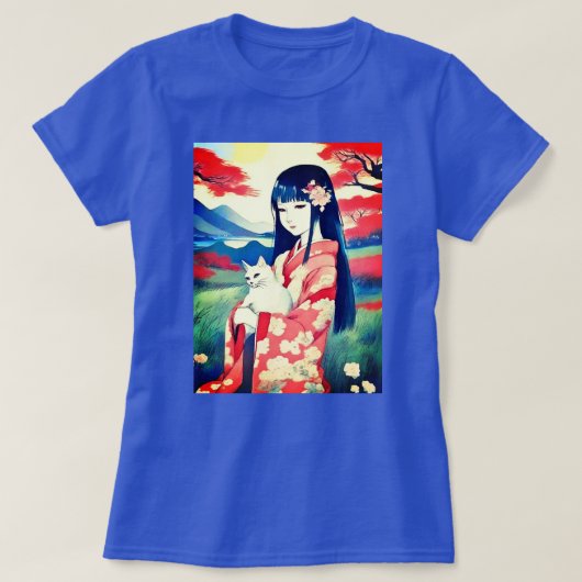 白日本の猫の少女 Tシャツ (デザイン正面)