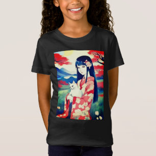 白日本の猫ガールズティーを持つ少女 Tシャツ