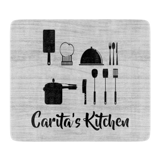 白木パーソナライズされた文字ガラス切断板 カッティングボード (正面)