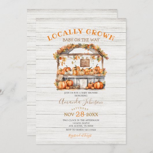 白木地元で栽培されたカボチャ秋ベビーシャワー 招待状 (正面/裏面)