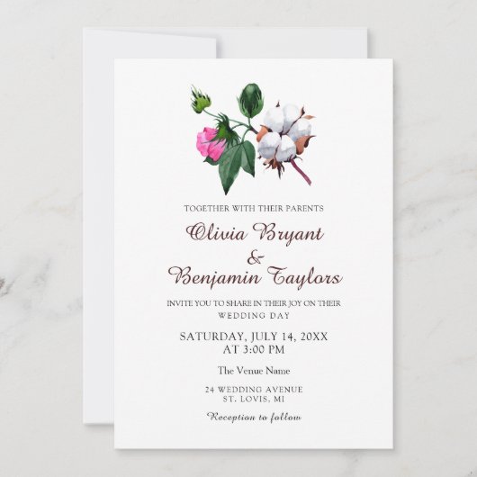 白木綿花。シック素朴自然結婚ズ 招待状 (正面)