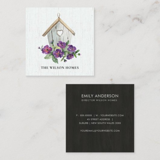 白木製フローラバードハウス実在エステート不動産仲介業者 スクエア名刺 (正面/裏面)