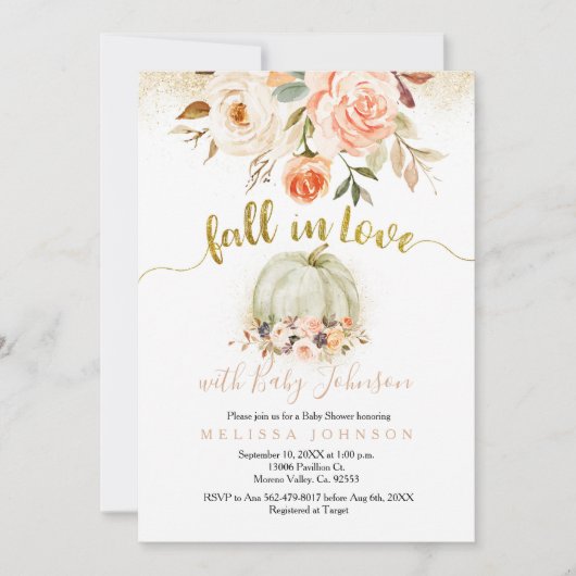 白桃と金ゴールド秋がラブベビーシャワー 招待状 (正面)