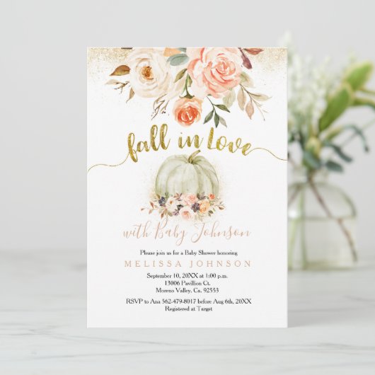 白桃と金ゴールド秋がラブベビーシャワー 招待状 (スタンド正面)