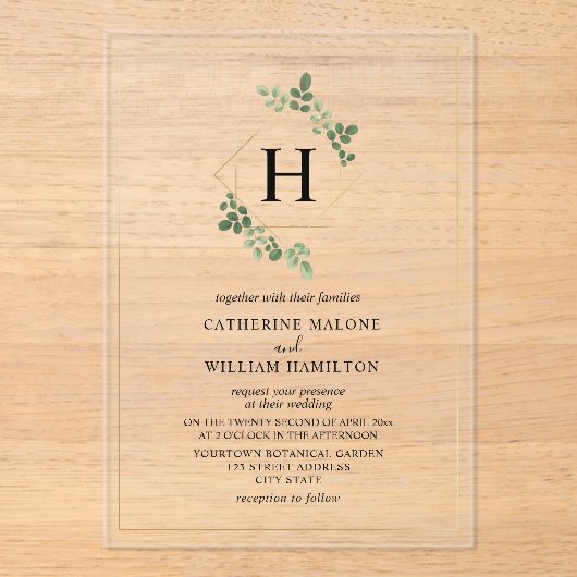 白植物幾何学モノグラム結婚ズ アクリル招待状 (正面)