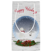白樺のクリスマススノーグローブの中の雪だるま スモールペーパーバッグ (正面)