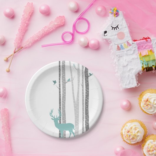 白樺の木の鹿と鳥の木 ペーパープレート (パーティー)