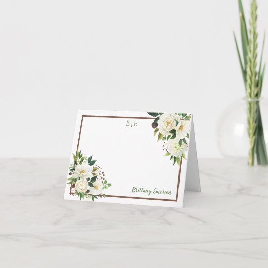 白水色フローラコーナー名モノグラム サンキューカード (正面)