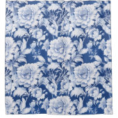 白淡い色の/青の繰り返しバラパターン シャワーカーテン (正面)