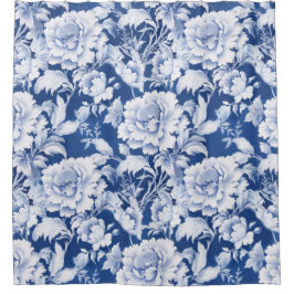 白淡い色の/青の繰り返しバラパターン シャワーカーテン