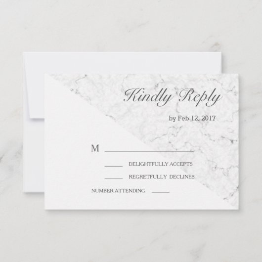 白灰大理石模様のモダンな結婚式の出欠確認 招待状 (正面)