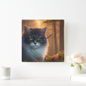白灰色のふわふわの森猫、ファンタジー スクエア壁時計 (ホーム)