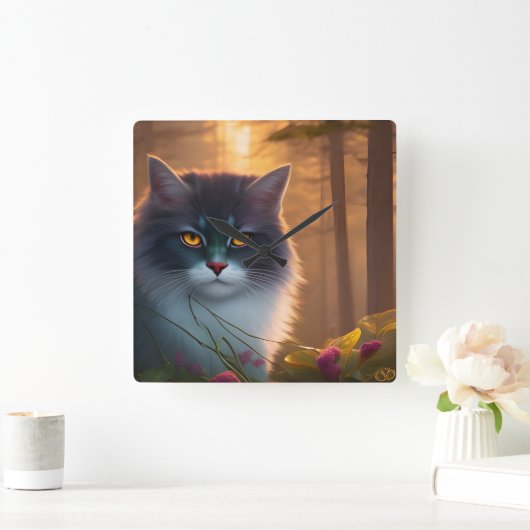 白灰色のふわふわの森猫、ファンタジー スクエア壁時計 (ホーム)