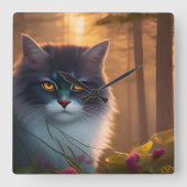 白灰色のふわふわの森猫、ファンタジー スクエア壁時計 (正面)