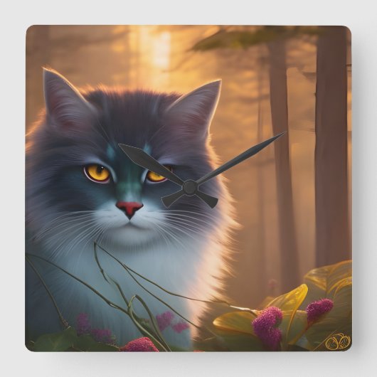 白灰色のふわふわの森猫、ファンタジー スクエア壁時計 (正面)