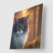 白灰色のふわふわの森猫、ファンタジー スクエア壁時計 (傾斜)