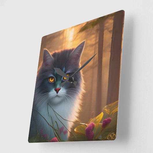 白灰色のふわふわの森猫、ファンタジー スクエア壁時計 (傾斜)