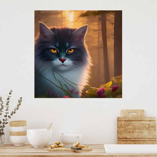 白灰色のふわふわの森猫、ファンタジー ポスター (キッチン)