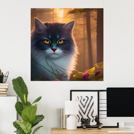 白灰色のふわふわの森猫、ファンタジー ポスター (ホームオフィス)