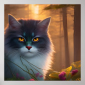 白灰色のふわふわの森猫、ファンタジー ポスター (正面)