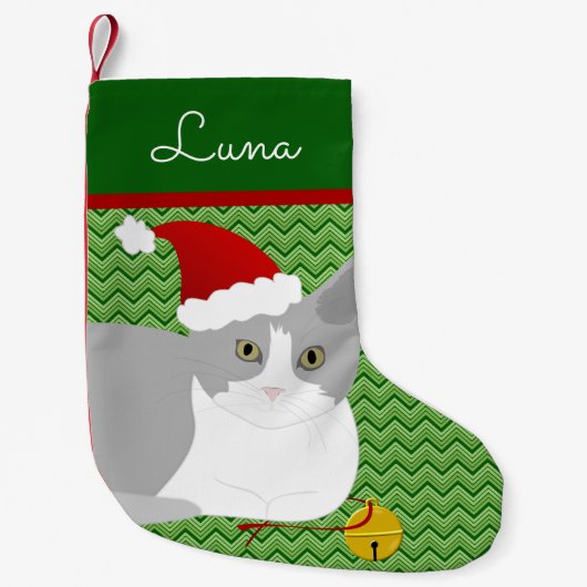 白灰色のサンタパーソナライズされた猫 スモールクリスマスストッキング (正面)