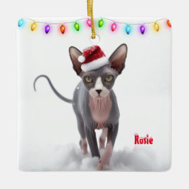 白灰色のスフィンクス猫のクリスマス セラミックオーナメント