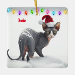 白灰色のスフィンクス猫のクリスマス セラミックオーナメント