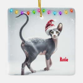 白灰色のスフィンクス猫のクリスマス セラミックオーナメント