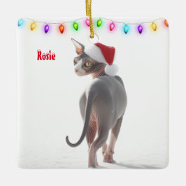 白灰色のスフィンクス猫のクリスマス セラミックオーナメント