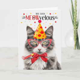 白灰色のタビーキャットミョー誕生日 カード