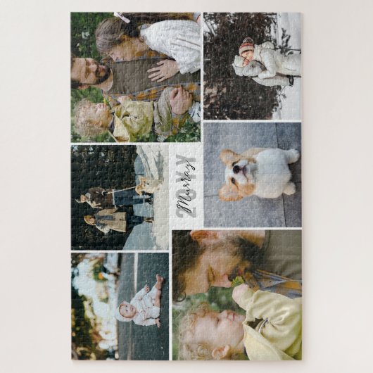 白灰色の年と家族の名前フォトコラージュ ジグソーパズル (縦)