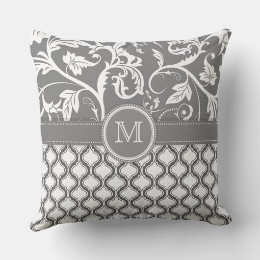 白灰色の幾何学模様およびフローラデザイン クッション (裏面)