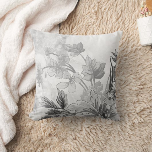 白灰色の植物学エレガントフローラ クッション (ブランケット)