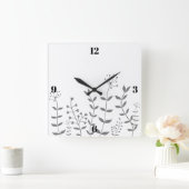白灰色の花 スクエア壁時計 (ホーム)