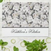 白灰色スワン 花 フラワープリント エレガント おしゃれ キッチンタオル (折り畳み)