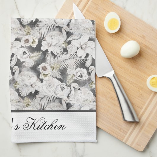 白灰色スワン 花 フラワープリント エレガント おしゃれ キッチンタオル (四つ折り)